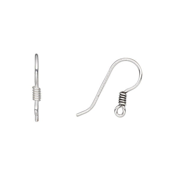 Ear wire, silver-plated copper, 16mm fishhook with open loop and coil, 20 gauge. Sold per pkg of 20 pairs. image number 0
