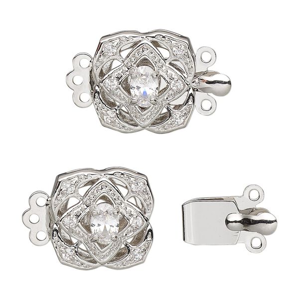 Clasp tab 1pkg1 rhodium-plated sterling silver, 15mm square, cubic zirconia clear 3-strand image number 0