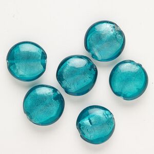 Bead, lampworked glass, opaque teal with silver-colored foil, 23-26mm puffed flat round. Sold per pkg of 6.