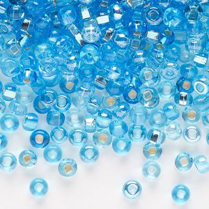 Seed bead mix, glass, pkg/100g, #6 rocaille, translucent multi-aqua.