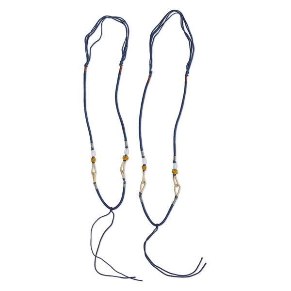 Necklace cord, macramé, jadeite (natural/dyed) and imitation silk, blue / tan / copper, 2-3.5mm wide with 5-1/2 inch dangle, 20 inches with slip knot closure. Sold per pkg of 2. image number 0