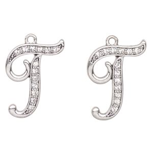 Charm, antique silver-finished "pewter" (zinc-based alloy) and glass, clear, 25x21mm letter "T". Sold per pkg of 2.