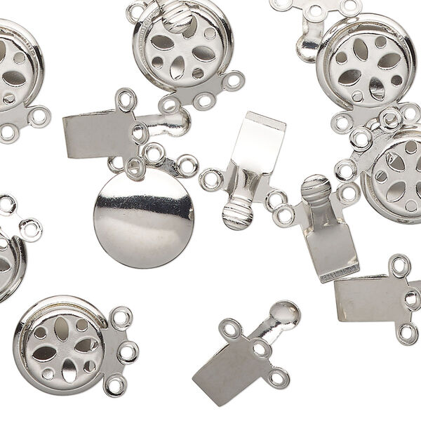 Clasp, 3-strand tab, silver-finished brass, 10mm round. Sold per pkg of 10. image number 0