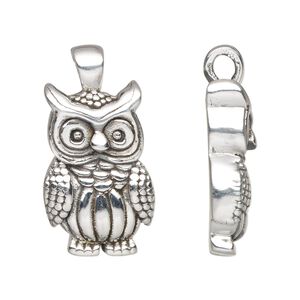 Pendant, antiqued fine silver and sterling silver, electroformed, 30.5x16mm single-sided owl. Sold individually.