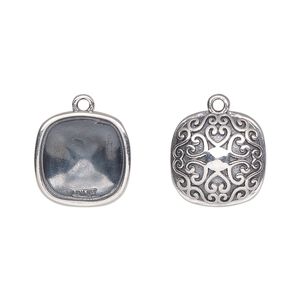 Drop, Almost Instant Jewelry®, antiqued sterling silver, 14mm rounded square with 12mm cushion setting and heart and swirl back design. Sold individually.