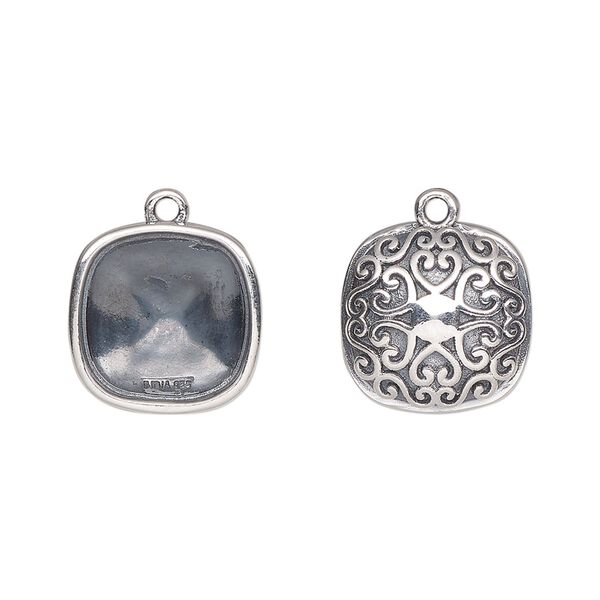 Drop, Almost Instant Jewelry®, antiqued sterling silver, 14mm rounded square with 12mm cushion setting and heart and swirl back design. Sold individually. image number 0