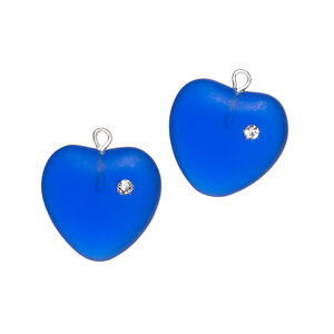 Drop 1pkg2, silver-plated brass / glass / cubic zirconia, translucent dark blue and clear, 16mm frosted heart.