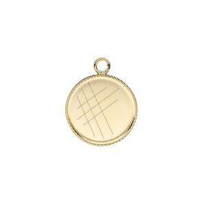 Drop, gold-plated brass, 15mm round with beaded edge and 14mm round bezel setting. Sold per pkg of 6.