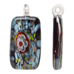 Focal, lampworked glass, multicolored, 36x20mm-40x23mm rectangle with millefiori flower and copper-colored glitter. Sold individually.