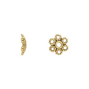 Bead cap, antique gold-finished "pewter" (zinc-based alloy), 10x3mm flower, fits 8-14mm bead. Sold per pkg of 50.