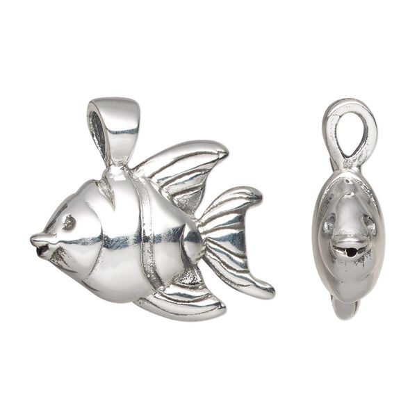 Pendant, antiqued fine silver and sterling silver, electroformed, 25.5x23mm 3D fish. Sold individually. image number 0