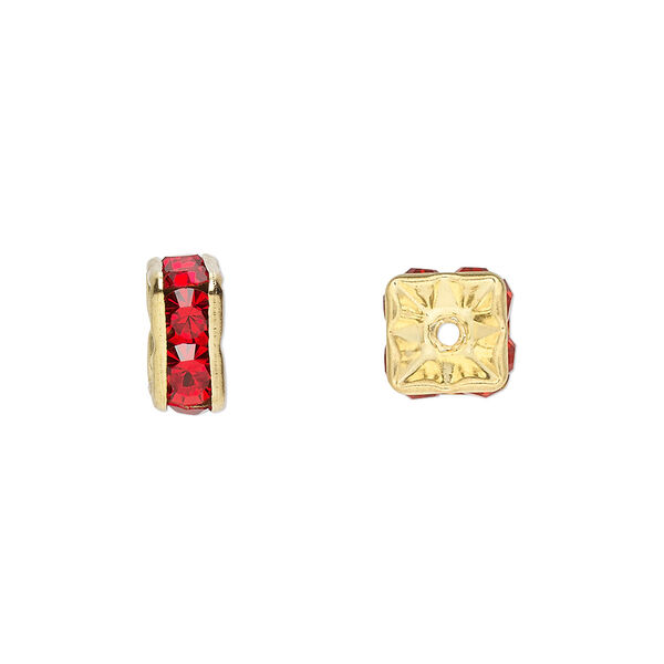 Bead, glass rhinestone and gold-finished brass, red, 8x4mm squaredelle. Sold per pkg of 10. image number 0
