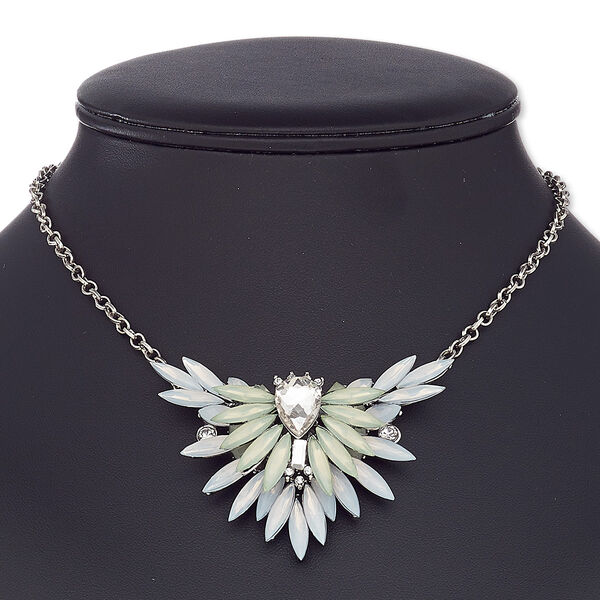 Necklace, glass rhinestone / acrylic / silver-coated plastic / silver-plated steel / "pewter" (zinc-based alloy), white / green / clear, 2-3/4 x 2-inch flower, 16 inches with 2-1/2 inch extender chain and lobster claw clasp. Sold individually. image number 0