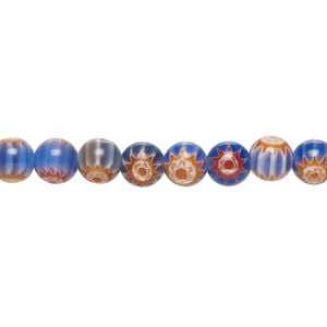 Bead, millefiori glass 1pkg1, translucent multicolored and blue, 6mm round, 15 inches.