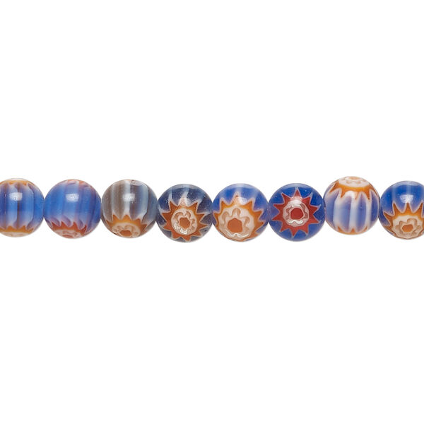 Bead, millefiori glass 1pkg1, translucent multicolored and blue, 6mm round, 15 inches. image number 0
