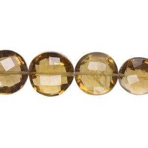 Golden quartz 1pkg1, hand-cut faceted puffed flat round bead 7 inch 11-14mm
