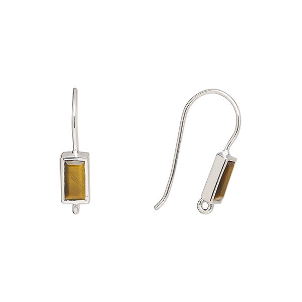 Ear wire, tigereye (natural) and sterling silver, 16mm fishhook with 7x4mm rectangle and  closed loop, 22 gauge. Sold per pair. image number 0