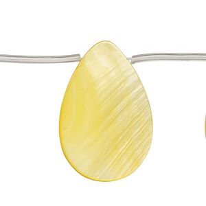 Bead, mother-of-pearl shell (dyed), yellow, 30x6mm-30x10mm top-drilled flat teardrop, Mohs hardness 3-1/2. Sold per 12-inch strand, approximately 10 beads.