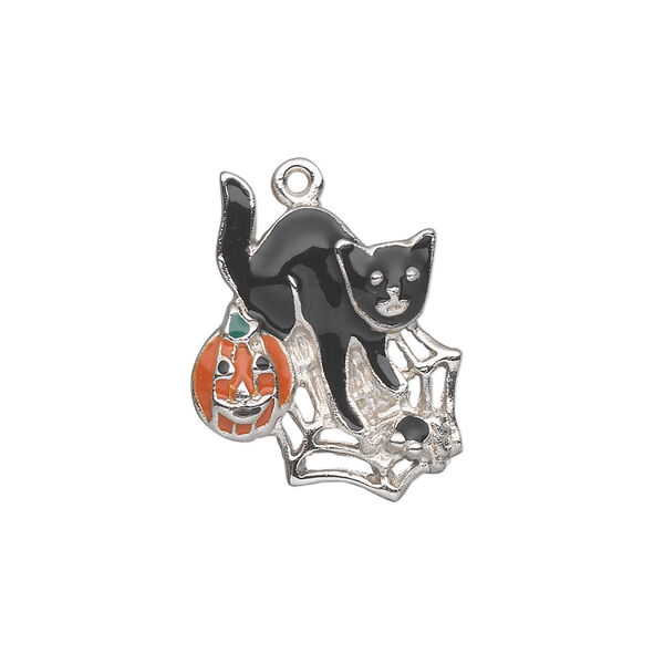 Charm, silver-plated "pewter" (zinc-based alloy) and enamel, orange / black / green, 23x18mm single-sided cat with pumpkin on spider web. Sold individually. image number 0