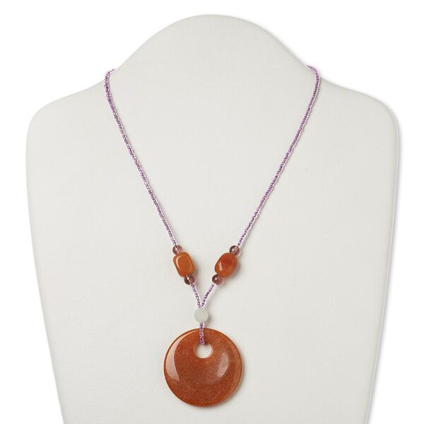 Necklace, multi-gemstone (natural / dyed / stabilized / imitation) / glass / silver- or antiqued gold-finished "pewter" (zinc-based alloy), purple AB and multicolored, 2-inch dangle with 45mm go-go, 17 inches with lobster claw clasp. Sold individually. image number 0