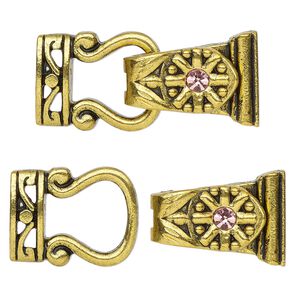 Clasp magnetic fold-over 1pkg2 "pewter" (zinc alloy), 29x13mm, antique gold-finished / pink rhinestone 2-strand