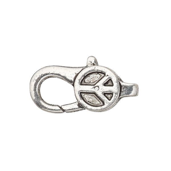 Clasp, lobster claw, antique silver-plated "pewter" (zinc-based alloy), 27.5x12mm with double-sided peace sign design. Sold per pkg of 4. image number 0