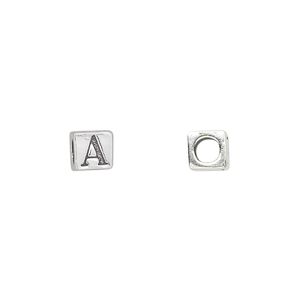 Bead, sterling silver, 5.5mm cube with alphabet letter "A." Sold individually.