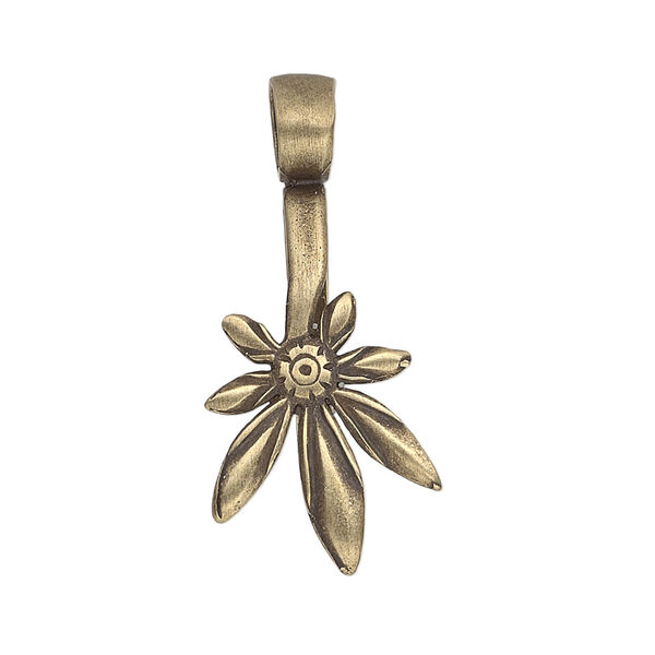Bail, JBB Findings, ice-pick, antiqued brass, 25x15.5mm leaf with 12mm grip length. Sold individually. image number 0