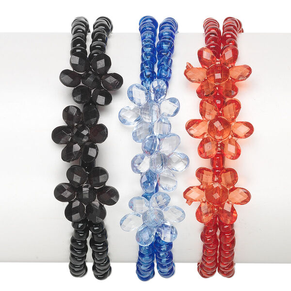 Bracelet, stretch, acrylic / glass / imitation rhodium-plated steel, red / blue / black, 15x15mm flower, 7 inches with 2-inch extender chain and lobster claw clasp. Sold per pkg of 3. image number 0