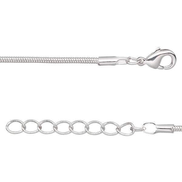 Chain, silver-plated brass, 1mm snake, 36 inches with 1-inch extender chain and lobster claw clasp. Sold per pkg of 2. image number 0