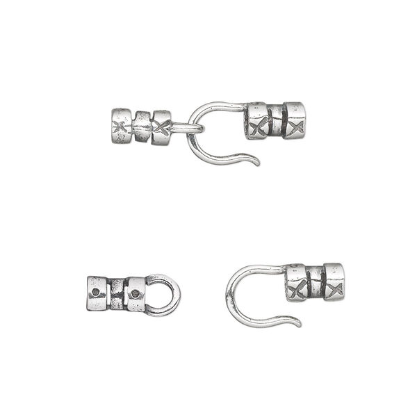Clasp, hook-and-eye, antiqued sterling silver, 20x4.5mm with dot and "X" pattern with crimp ends, 2mm inside diameter. Sold individually. image number 0