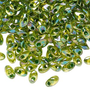 Seed bead, Miyuki, glass, pkg/10g, 7x4mm long magatama, translucent green inside dyed color chartreuse (LMA-341).