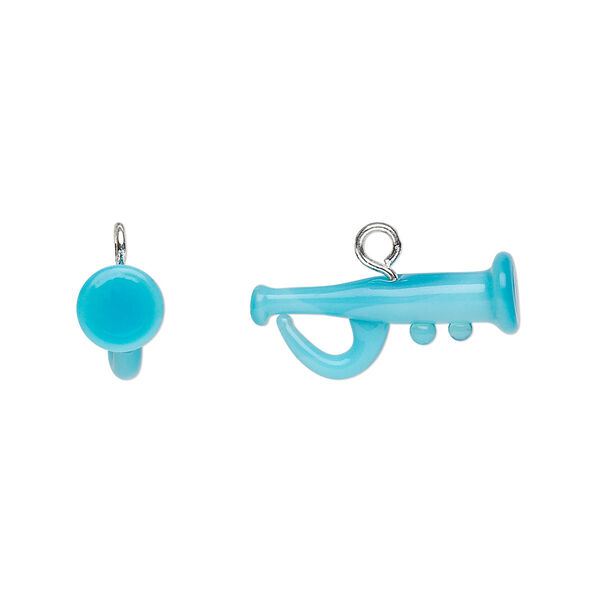 Drop, lampworked glass with silver-finished steel, light blue, 20x8mm trumpet. Sold per pkg of 2. image number 0