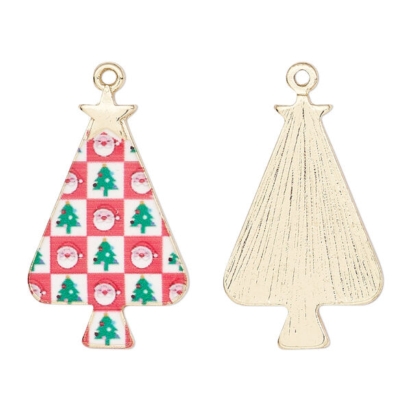 Charm, resin and gold-finished "pewter" (zinc-based alloy), multicolored, 28x17mm single-sided Christmas tree with checkered squares / Santa Claus / Christmas tree design. Sold individually. image number 0