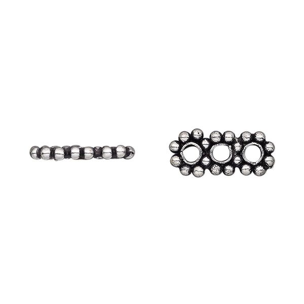 Spacer, antique silver-plated copper, 15x6mm 3-strand beaded triple round, fits up to 4mm bead. Sold per pkg of 12. image number 0