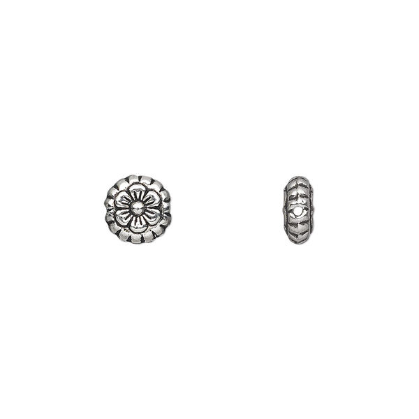 Bead, antique silver-plated "pewter" (zinc-based alloy), 7x3mm double-sided flat round flower. Sold per pkg of 100. image number 0