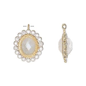 Drop, rainbow moonstone (natural) / cubic zirconia / gold-finished sterling silver, clear, 17x15mm single-sided faceted oval. Sold individually.
