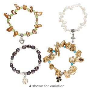 Bracelet, stretch, cultured freshwater pearl (bleached / dyed) / enamel / glass / mix-coated plastic / silver-finished steel / mix-finished "pewter" (zinc-based alloy), multicolored, 6-32mm wide, 7-1/2 inches. Sold individually.