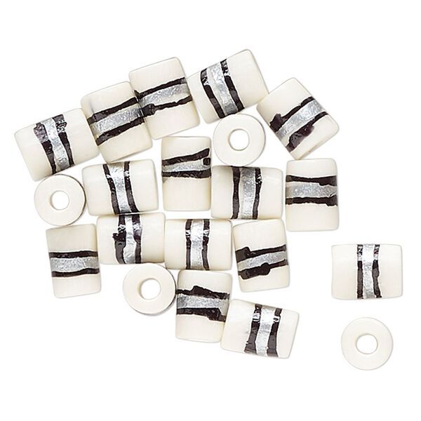 Bead, bone (dyed), white / black / silver, 9x7mm-8x6mm hand-painted tube with line design. Sold per pkg of 20. image number 0