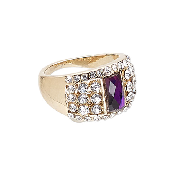 Ring, Czech glass rhinestone / glass rhinestone / gold-finished "pewter" (zinc-based alloy), clear and purple, 14mm wide, size 9. Sold individually. image number 0
