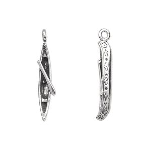 Charm, antiqued sterling silver, 22x6mm 3D canoe with paddle. Sold individually.