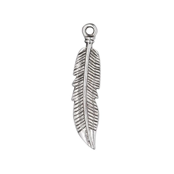 Charm, antique silver-plated "pewter" (zinc-based alloy), 28x7mm double-sided feather. Sold per pkg of 10. image number 0