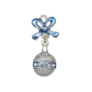 Charm, enamel / crystals / silver-plated "pewter" (zinc-based alloy), blue and clear with silver-colored glitter, 30x13mm single-sided ornament and ribbon. Sold individually.
