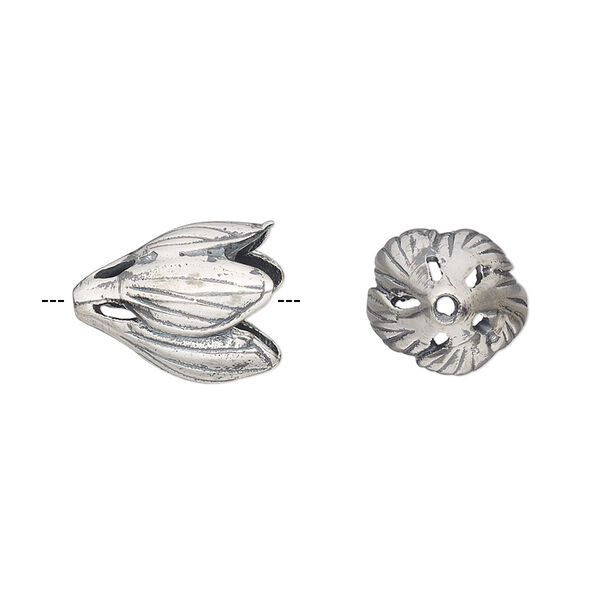 Bead cap, antiqued sterling silver, 13x11mm flower, fits 8mm bead. Sold individually. image number 0