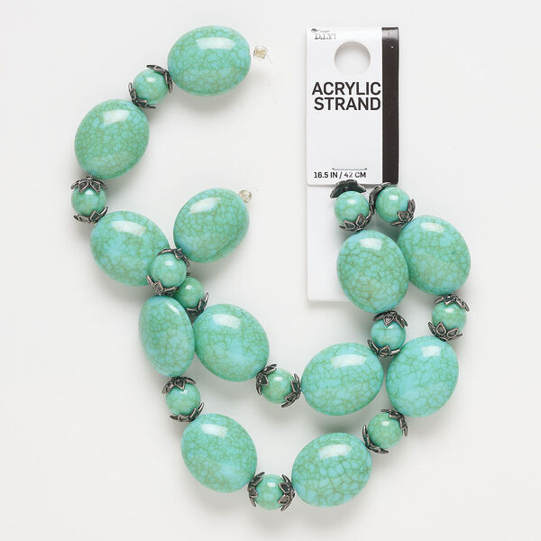 Bead, acrylic and gunmetal-finished "pewter" (zinc-based alloy), turquoise blue, 23x19mm puffed oval and 10mm round. Sold per 16-1/2 inch strand. image number 0