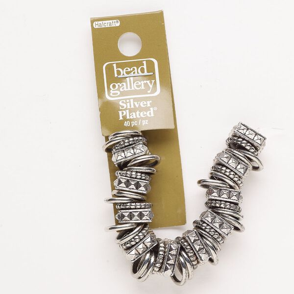 Bead assortment, silver-finished "pewter" (zinc-based alloy) and resin, 12x2mm rondelle / 13x2.5mm rondelle / 12.5x2mm textured square rondelle. Sold per pkg of (40) 4-inch strand. image number 0