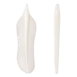 Focal, bone (bleached), 40x11mm hand-cut side-drilled 2-sided carved feather. Sold individually.