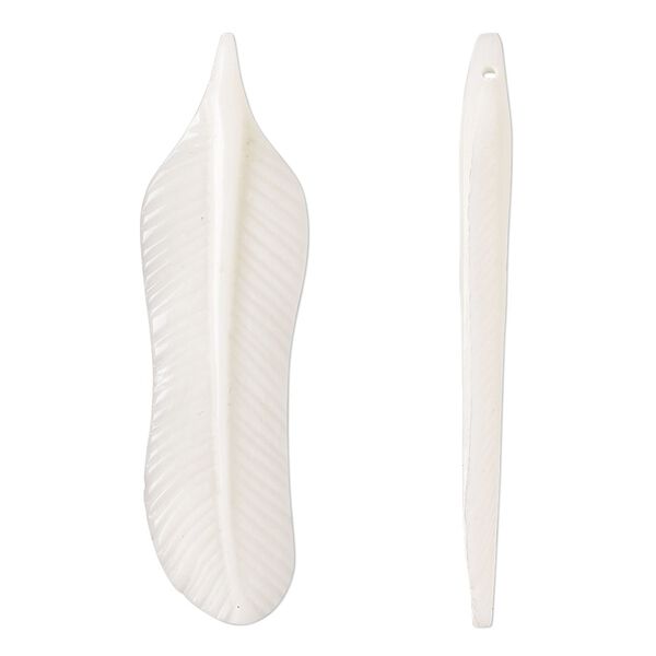 Focal, bone (bleached), 40x11mm hand-cut side-drilled 2-sided carved feather. Sold individually. image number 0