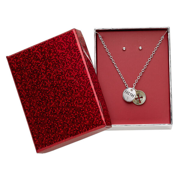 Necklace and earring set, glass rhinestone / silver-finished steel / gold- / silver-finished "pewter" (zinc-based alloy), clear, 13mm round with "FAITH" and cross cutout, 15" to 16" necklace with 3-inch extender chain and lobster claw clasp, 3mm round with post. Sold per set. image number 0