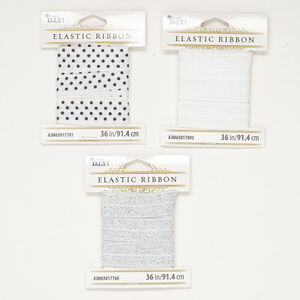 Cord, elastic 1pkg3, black / white / silver, 16mm flat, 36-inch sections.